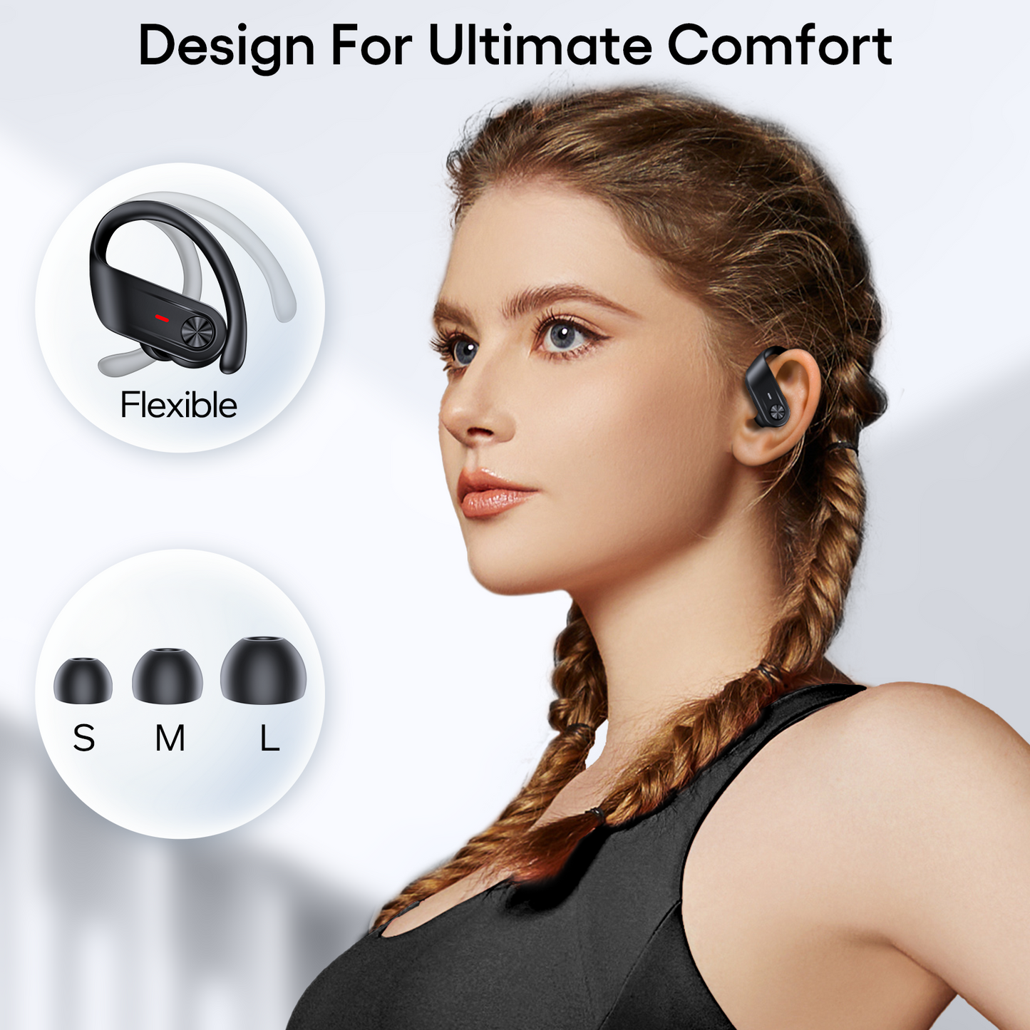 TAGRY Bluetooth Headphones Wireless Earbuds 80Hrs Playtime IPX7 Waterproof Digital Display Sport Ear Buds with Earhook Mic in-Ear Earphones Stereo Sound Earbud for Workout Running Exercise Gym Black