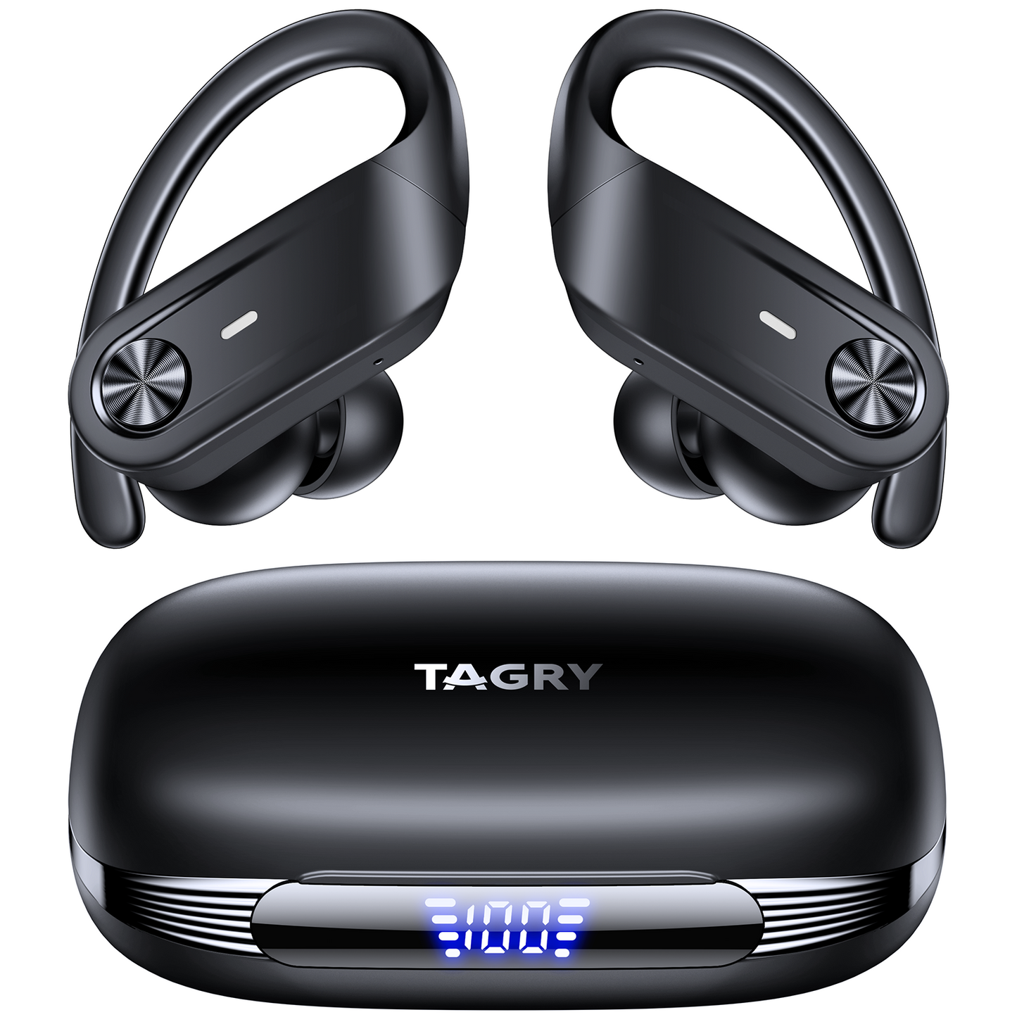 TAGRY Bluetooth Headphones Wireless Earbuds 80Hrs Playtime IPX7 Waterproof Digital Display Sport Ear Buds with Earhook Mic in-Ear Earphones Stereo Sound Earbud for Workout Running Exercise Gym Black