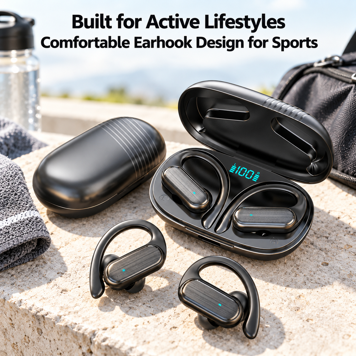 TAGRY Wireless Earbuds, Bluetooth Sports Earphones with Secure Ear Hooks, 48 Hours Playtime, LED Battery Display, Sweat-Resistant In-Ear Headphones with Mic for Running, Gym and Workouts, Black