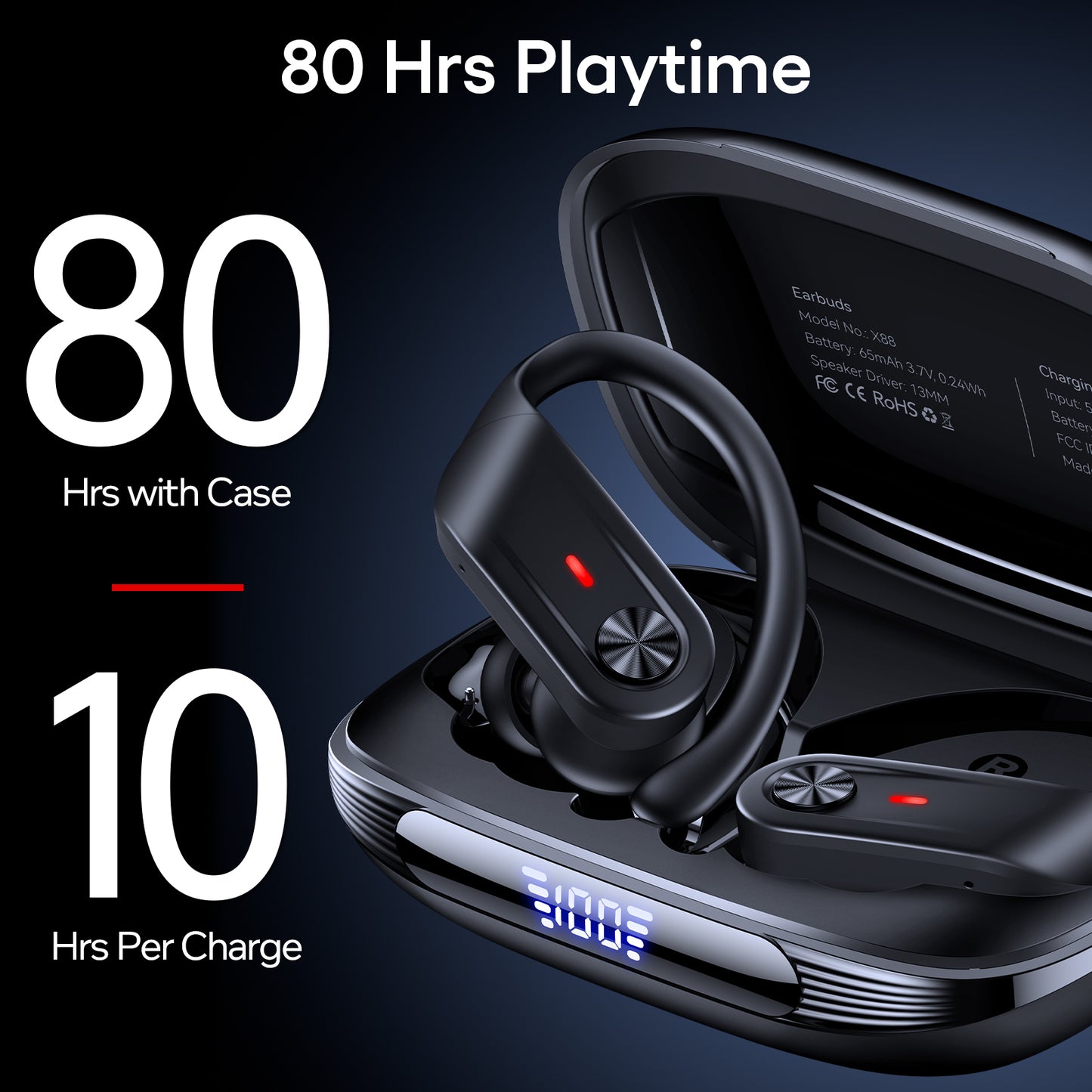 TAGRY Wireless Noise Cancelling Earbuds, 80H Playtime with LED Display - Deep Bass, IPX7 Waterproof, Comfortable in Ear Headphones