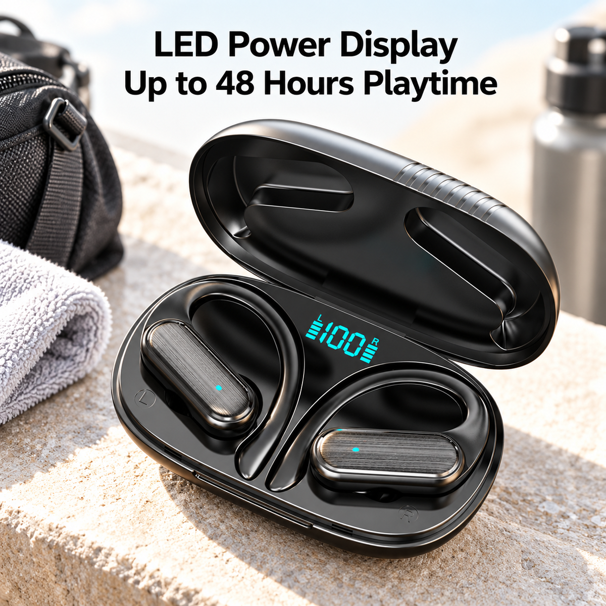 TAGRY Wireless Earbuds, Bluetooth Sports Earphones with Secure Ear Hooks, 48 Hours Playtime, LED Battery Display, Sweat-Resistant In-Ear Headphones with Mic for Running, Gym and Workouts, Black