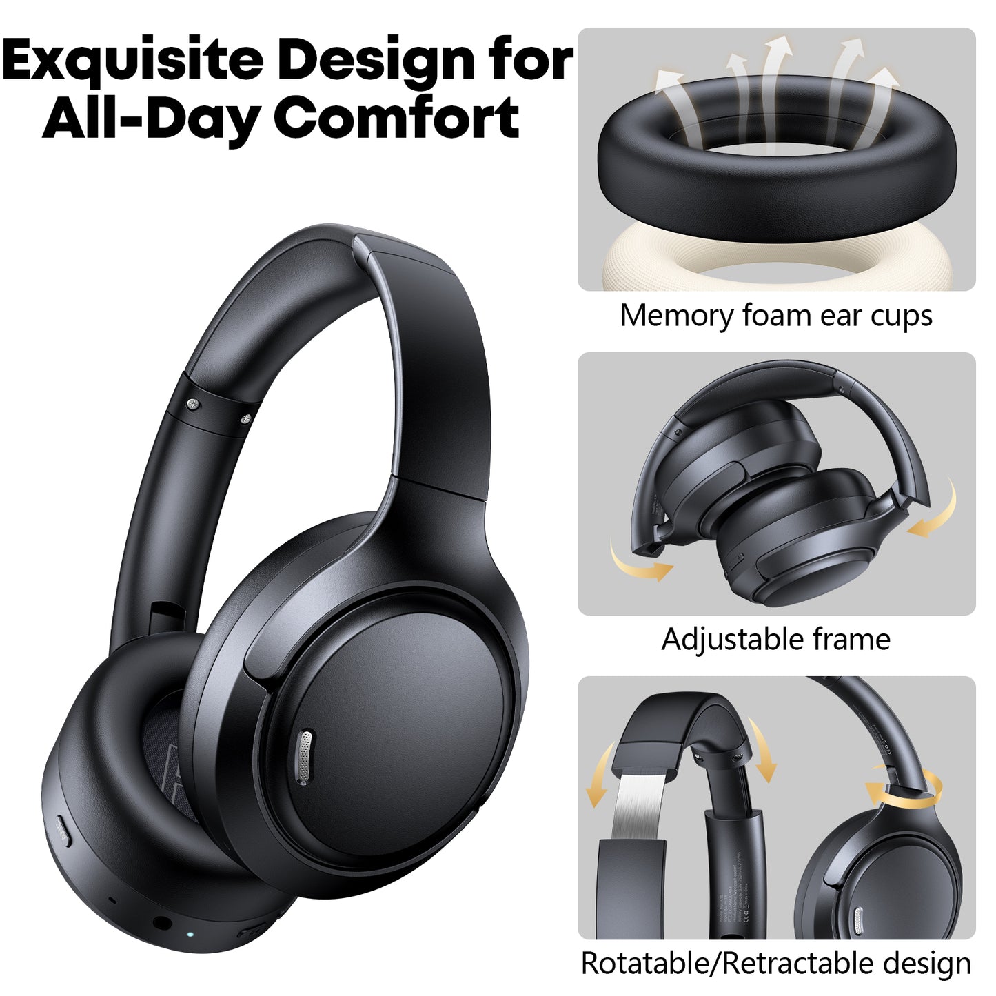 Hybrid Active Noise Cancelling Bluetooth 6.0 Headphones 120H Long Playtime, 6 ENC Mic, Over Ear Headphones Wireless, Hi-Res Audio, Memory Foam Earcup, Transparency Mode ANC Headphone for Travel Office